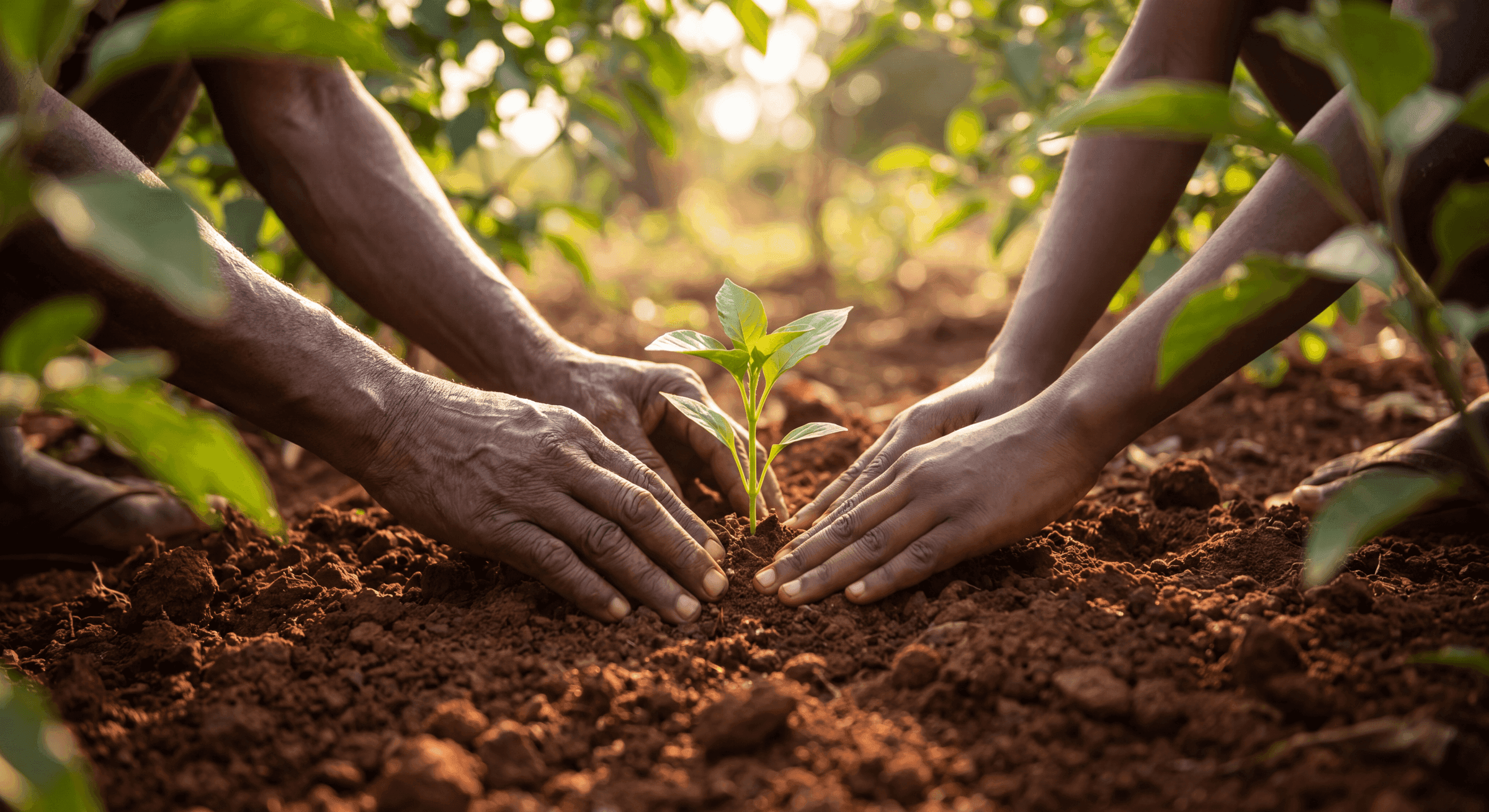 Cameroonian hands planting a seedling in red soil, golden-hour light