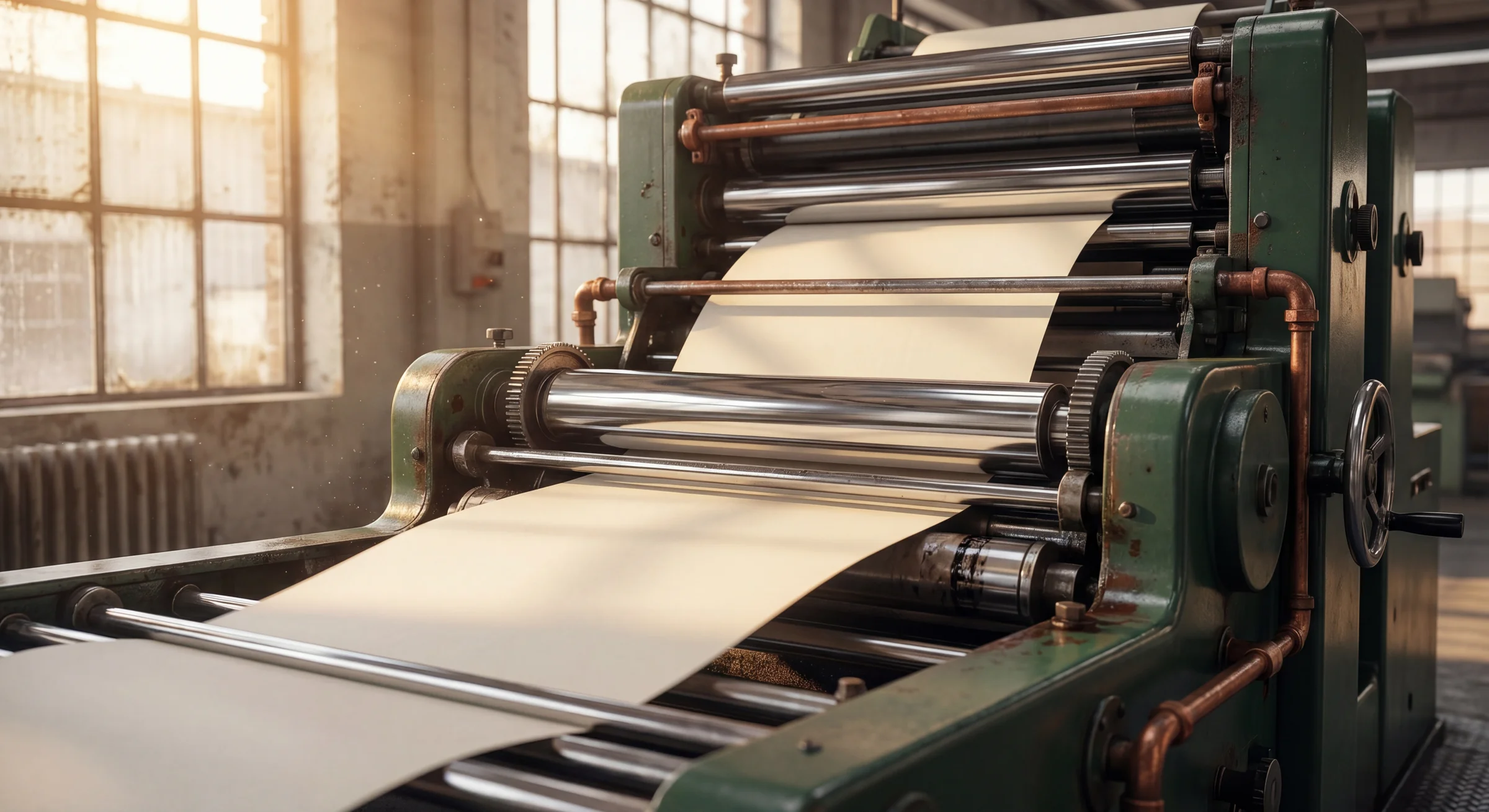 Modern offset printing press operating in a Cameroonian facility at golden hour