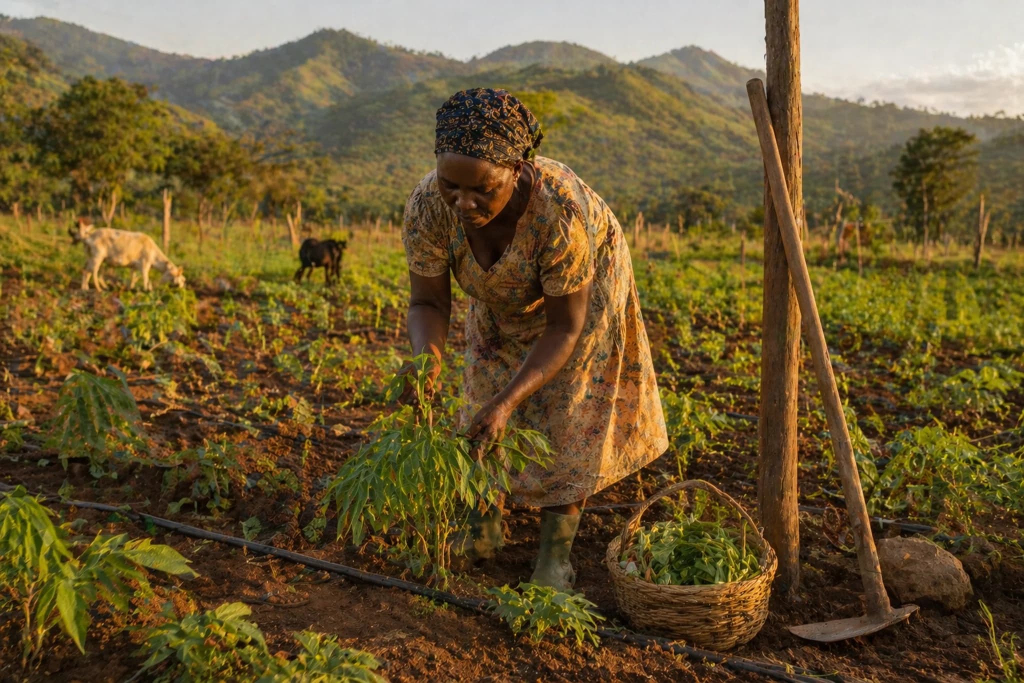 A Cameroonian smallholder farmer tending a cassava field with drip-irrigation lines at golden hour.