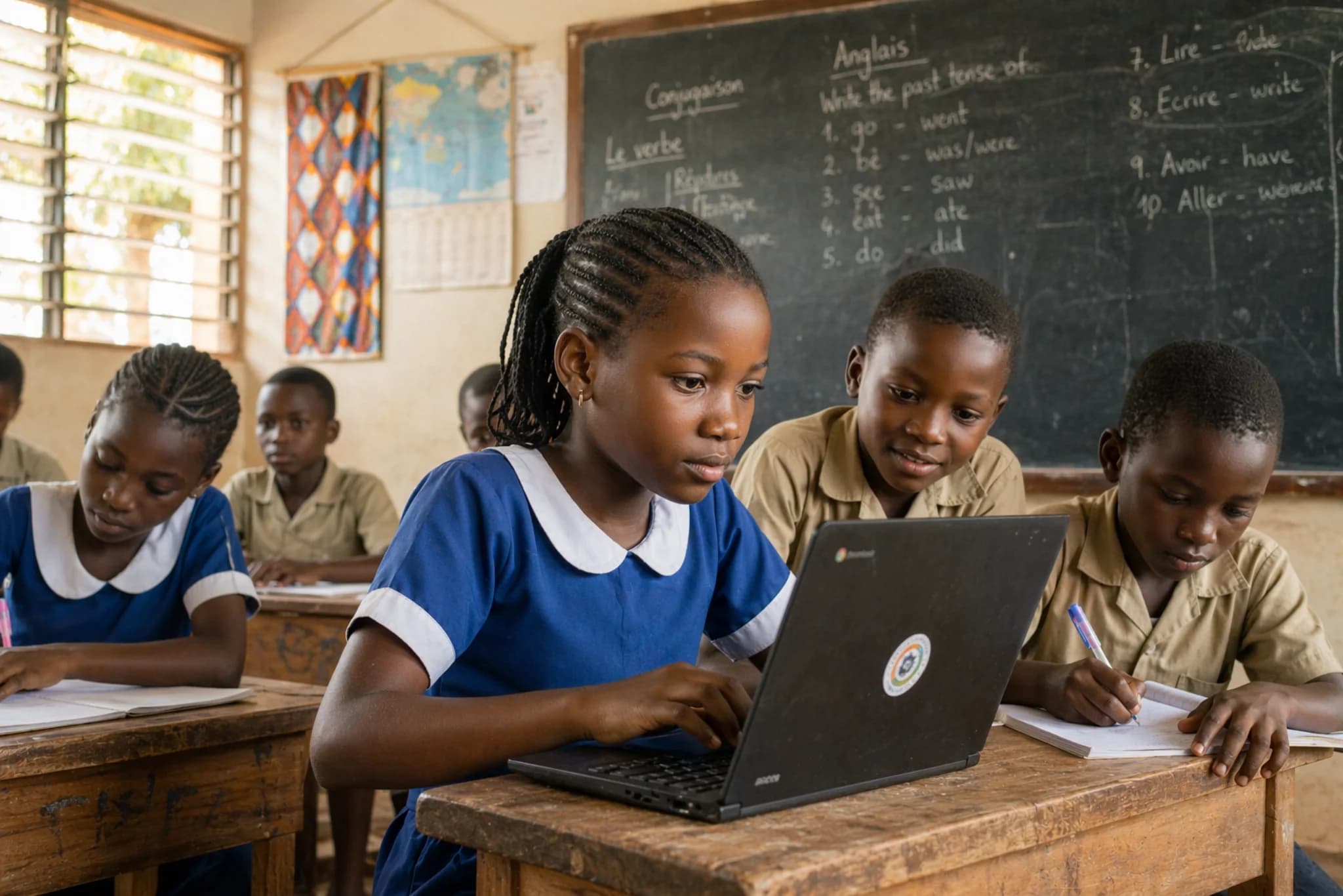 A Cameroonian schoolgirl learning on a laptop in her classroom alongside classmates in uniform.