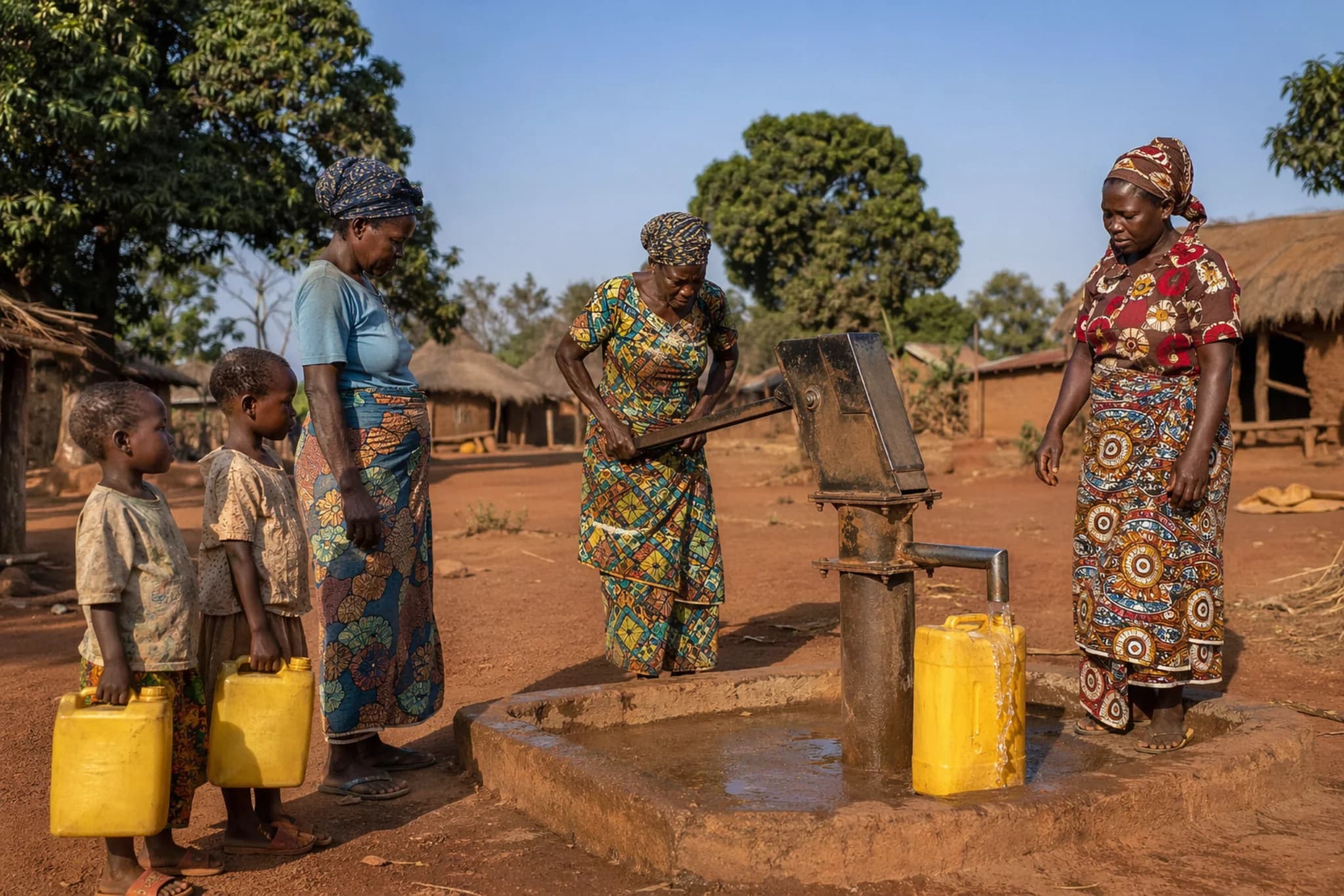 Cameroonian women and children drawing clean water from a newly-installed hand-pump borehole at morning light.